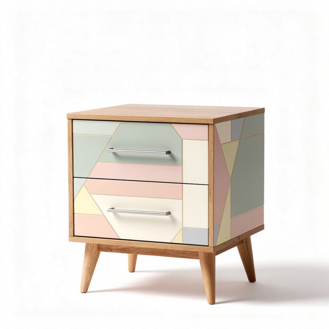 Multicolored geometric drawer nightstand in wood construction 45 x 40 x 50cm