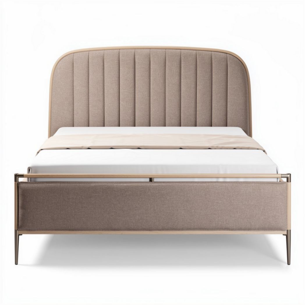 Upholstered bed frame with wood accents and fabric headboard king size 206 x 166 x 108cm