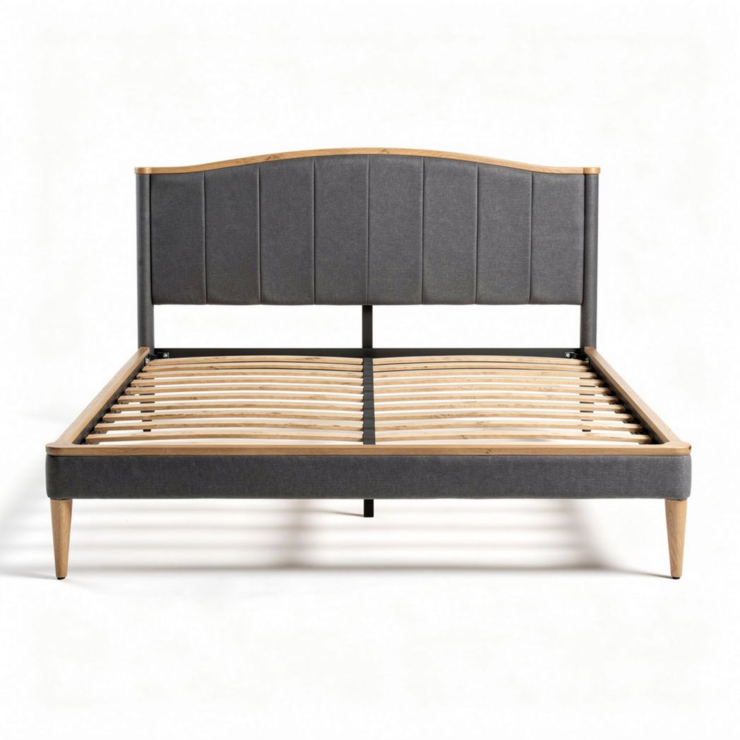Upholstered platform bed frame with wooden slats and gray fabric finish 180 x 200 x 100cm
