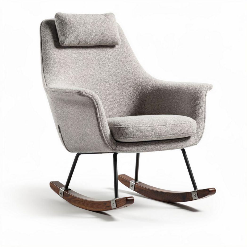 Rocking chair in light gray fabric with wooden rockers and ergonomic design 80 x 70 x 100cm