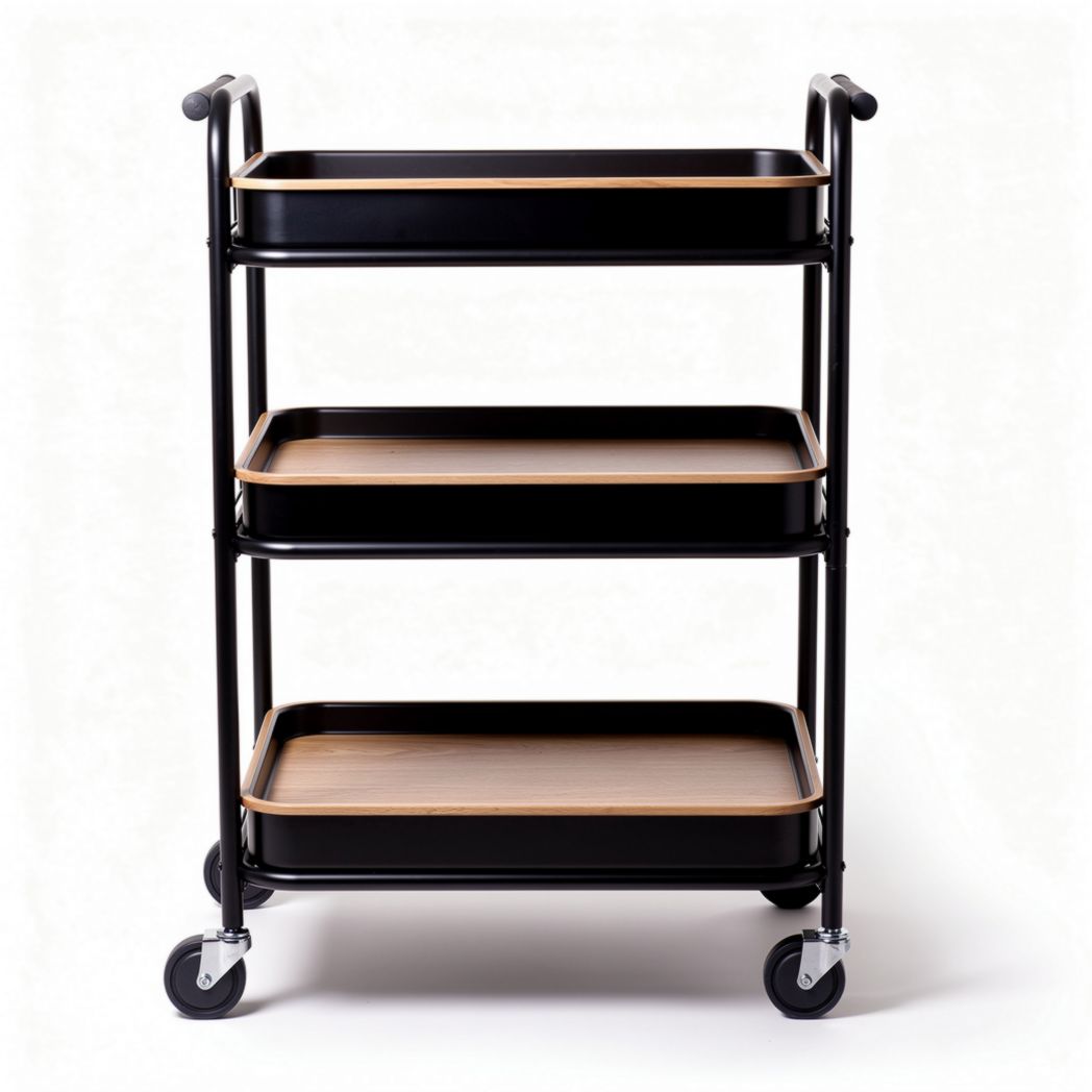 Three-tier serving cart with black metal frame and natural wood trays 80 x 40 x 90cm