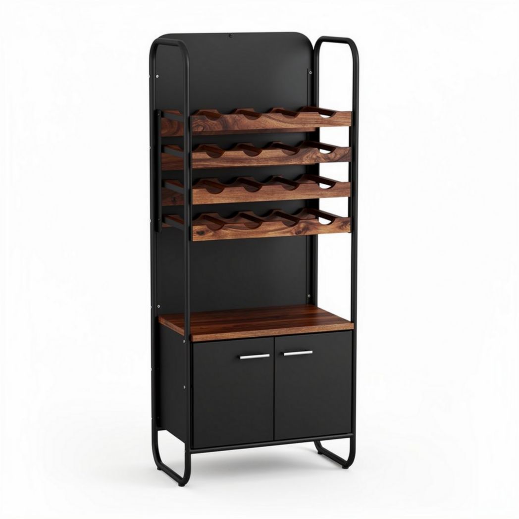 Wooden wine rack shelving unit with storage cabinet and metal frame 60 x 30 x 150cm