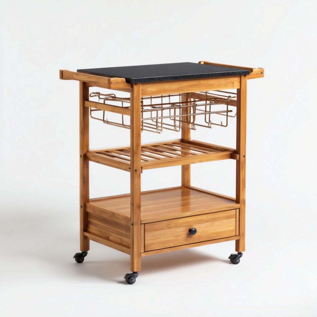 Wooden and metal kitchen cart with two drawers and mesh storage basket 80 x 40 x 85cm