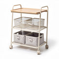 Rolling storage cart with bamboo top three mesh baskets and two fabric bins 70 x 40 x 80cm