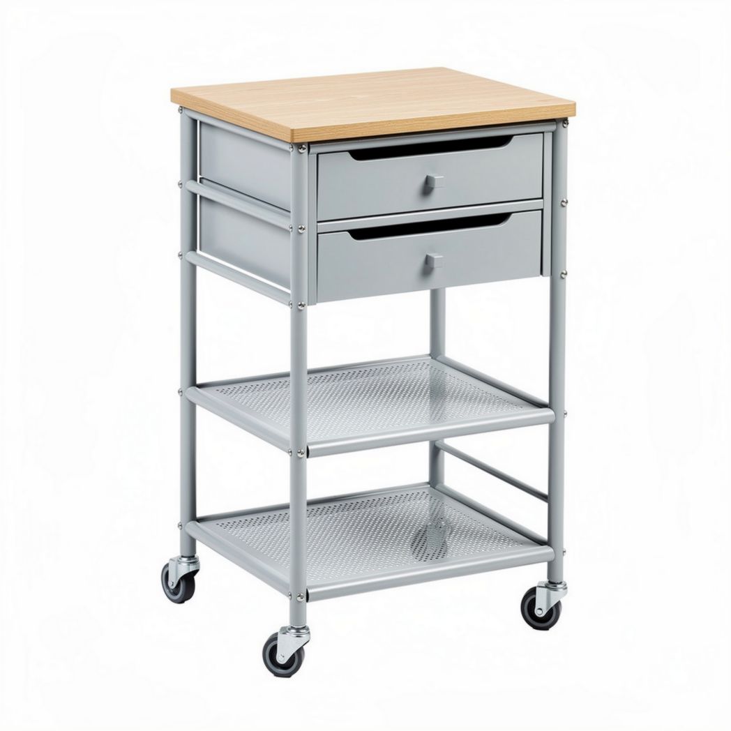 Metal kitchen rolling cart with wood top two drawers three shelves 60 x 40 x 75cm