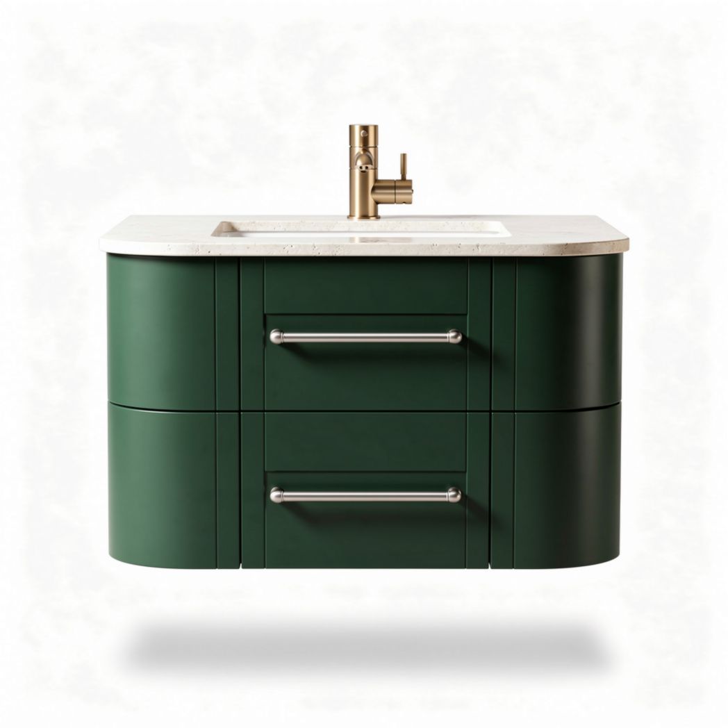 Green bathroom vanity cabinet with two drawers and marble countertop 80 x 50 x 40cm