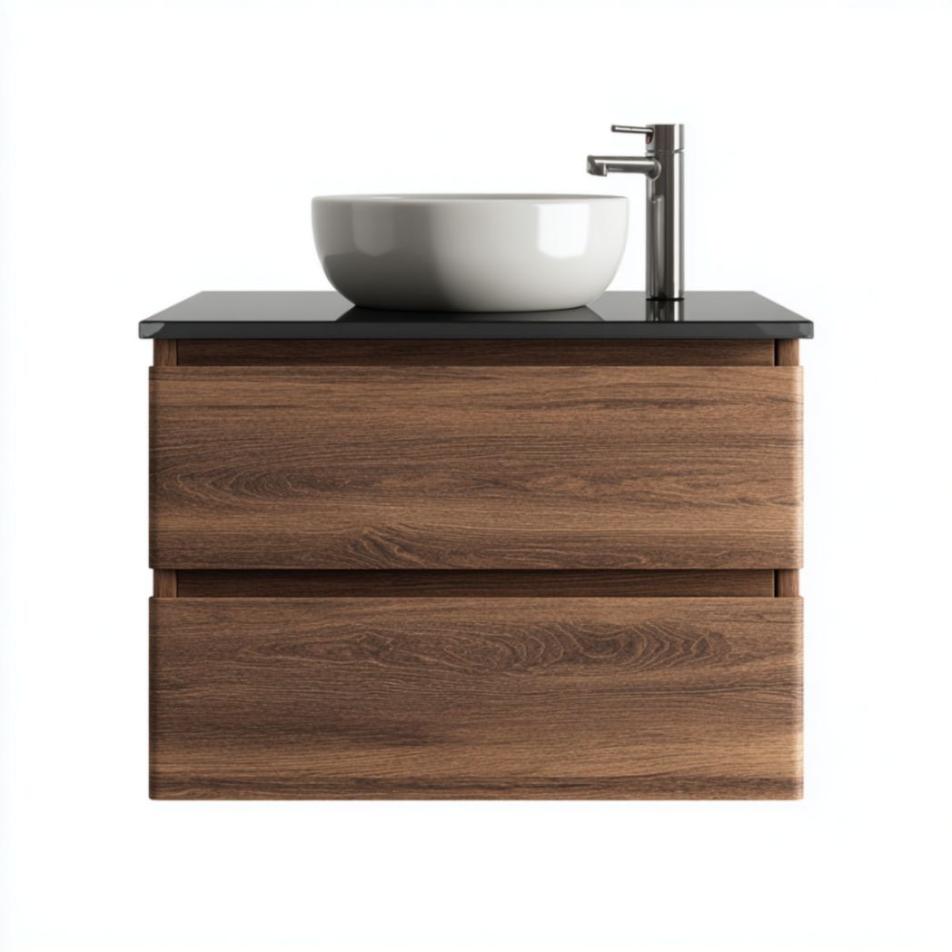 Wall-mounted bathroom vanity in natural wood finish with three drawers 70 x 46 x 50cm