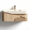 Wall-mounted bathroom vanity with integrated sink in white and light wood finish 70 x 45 x 15cm