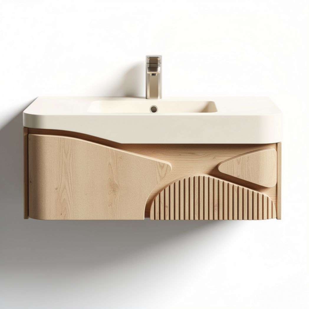 Wall-mounted bathroom vanity with integrated sink in white and light wood finish 70 x 45 x 15cm